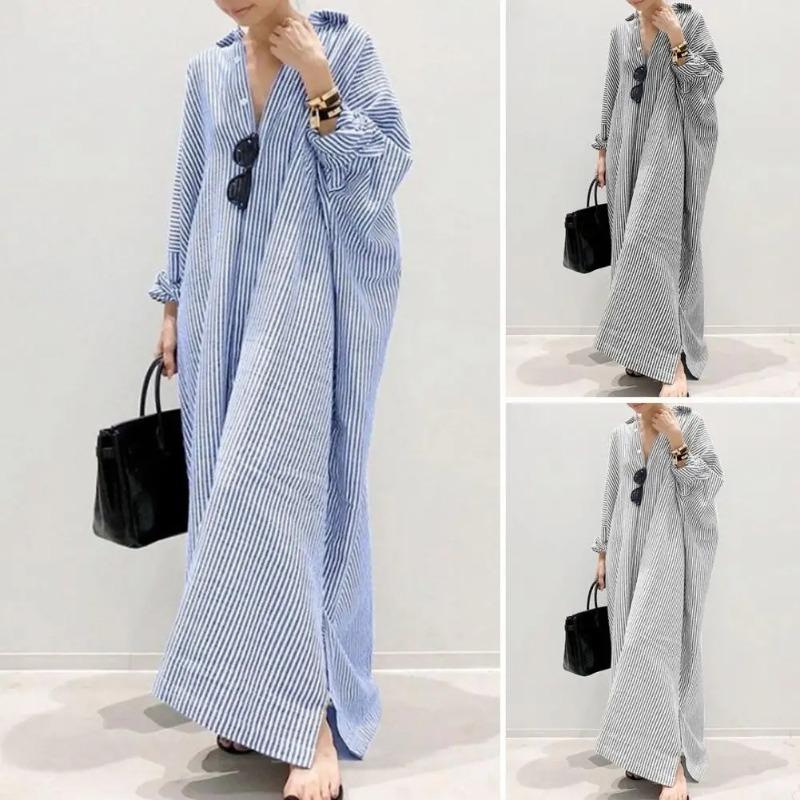 Product Introduction of New Elegant Striped Cardigan Loose Dress Womens Lapel Long Sleeve Long Shirt Dress Ladies Stripe Print Button Up Cardigan Dress 2