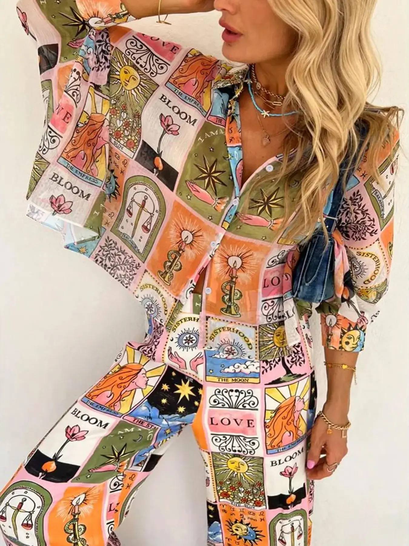 Women's Cartoon Patchwork Print Button Front Shirt & Elastic Waist Pants Two-Piece Set, Boho Casual Batwing Sleeve Top & High Waist Trousers for Beach Vacation Holiday, Ladies Summer Clothes