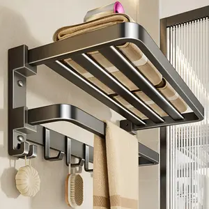 Tempat Handuk Kamar Mandi Tanpa Lubang Rak Handuk Gantungan Handuk Aluminium Lipat Ganda Rak Kamar Mandi Tempel Handuk Gantungan Tempat Rak Dinding Tempel Rak Handuk Serbaguna Paduan Aesthetic Serbaguna