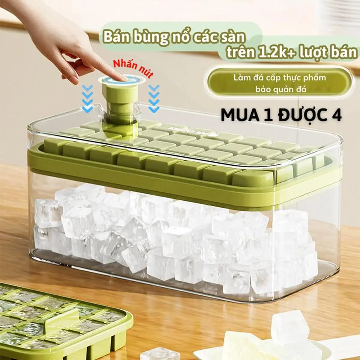 Khay Hộp Làm Đá Dạng Viên Nhấn Nút Đá Tự Rơi Thông Minh Dụng Cụ Làm Đá Tủ Lạnh Tặng Kèm Nhiều Phụ Kiện Tiện Lợi