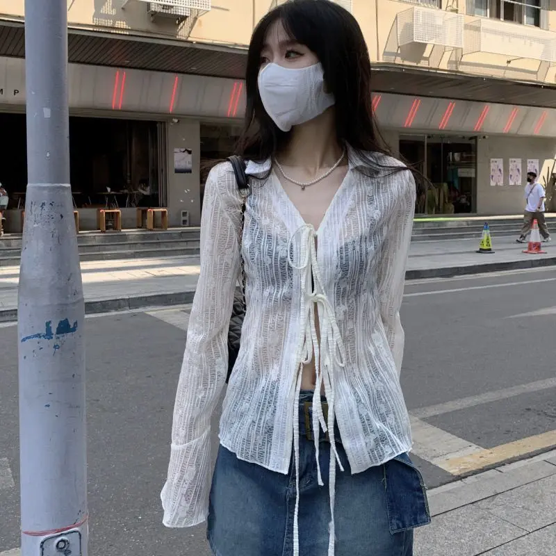 Áo Sơ Mi Ren Jacquard Thiết Kế Còi Chống Nắng, Phong Cách Cô Gái Nóng Bỏng Pháp, Mỏng, Thích Hợp Cho Mùa Xuân Và Mùa Thu, Cardigan Tup, Dễ Thương Và Gợi Cảm Women Top Denim Blazer Shirt Khuy 5
