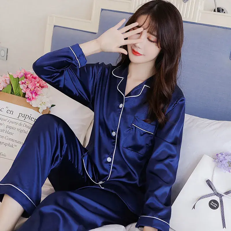 Đồ Ngủ Cho Nữ, Phong Cách Hàn Quốc, Bộ Đồ Hai Mảnh, Dài Tay, Chất Liệu Lụa Lạnh Thích Hợp Cho Mùa Xuân Và Mùa Thu, Có Thể Mặc Ngoài Trời, Gợi Cảm, Ngoại Cỡ, Đồ Mặc Nhà 1