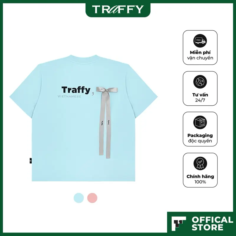 Áo Thun Cotton Tay Ngắn Đín Nơ TRAFFY Ribbon Đi Chơi Du Lịch Basic Form Rộng Hàn Quốc Unisex Đẹp Nam/ Nữ Màu Xanh
