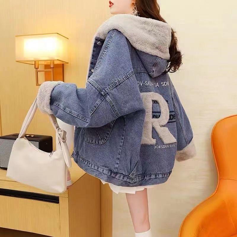 Áo Khoác Denim, Lót Lông Cừu, Dày Dặn, Dành Cho Nữ, Ngắn, Cỡ Nhỏ, Hàng Mới Về 2023, Áo Khoác Đệm Bông Dáng Rộng Rãi, Áo Thời Trang áo  khoác philipp plein chữ trên tay