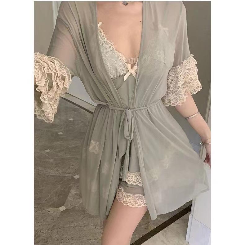 Product Introduction of Sweet Mesh Lace Deep V Plus Chest Pad Pure Desire Slip Nightdress Outerwear Gown Women's Loungewear Suit 5