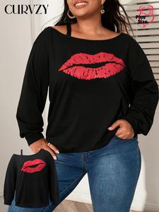 CURVZY Plus Size Lips Print Asymmetrical Cut Out Boat Neck Sweatshirt, Casual Drop Shoulder Long Sleeve Pullover, Women's Fall & Winter Clothes