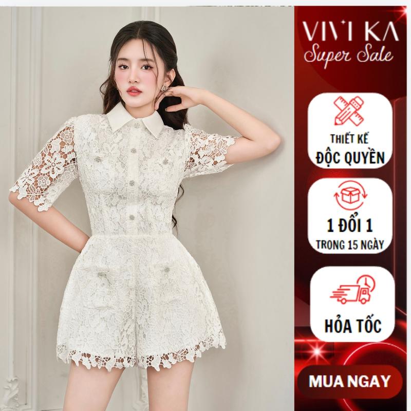 VIVIKA - Jumpsuit ren hoa thêu tay phồng dáng A - VKJU00004 Nữ Women Trắng
