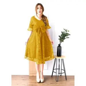 YESSIRA (Ukuran L, XL) Dress Pesta Full Brukat Timbul Premium Cocok Buat Natal