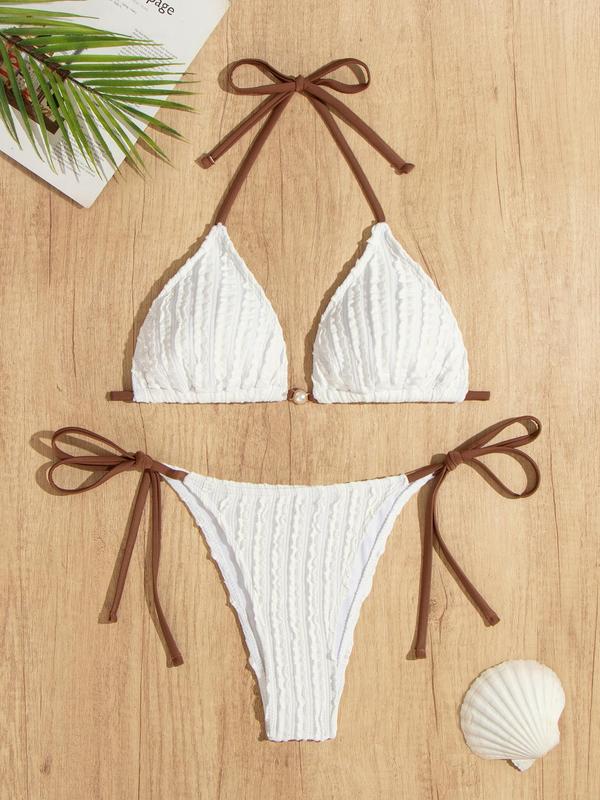 Two-Piece Set Women's Textured Triangle Bra & Knotted Swim Bottom Bikinis Set, Casual Halter Neck Backless Swim Top & Tie Side Swim Bottom Two-piece Swimsuit For Summer, Fashion Women's Swimwear For Beach Holiday Vacation 2