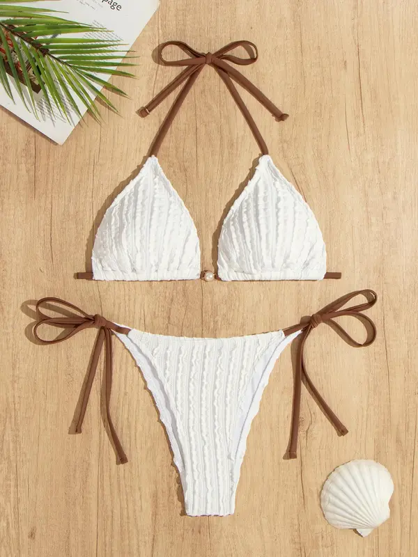 Two-Piece Set Women's Textured Triangle Bra & Knotted Swim Bottom Bikinis Set, Casual Halter Neck Backless Swim Top & Tie Side Swim Bottom Two-piece Swimsuit For Summer, Fashion Women's Swimwear For Beach Holiday Vacation 2
