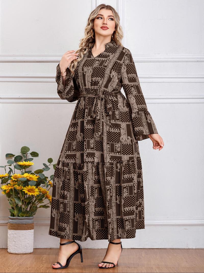 Product Introduction of 【Plus Size】 All Over Print Belted Notched Neck Dress, Elegant Flounce Sleeve Dress for Women, Women's Clothing for Summer 6