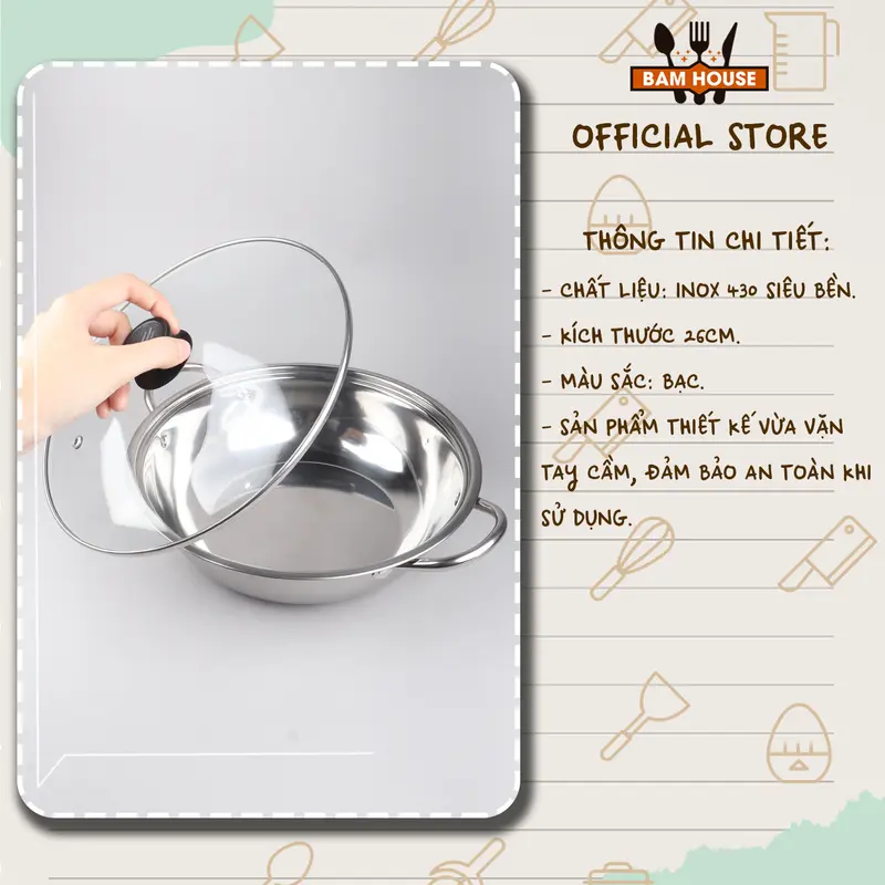 Nồi lẩu inox dày Bam House loại lớn 26cm có nắp kính cao cấp NL26 – Gia dụng bếp 2