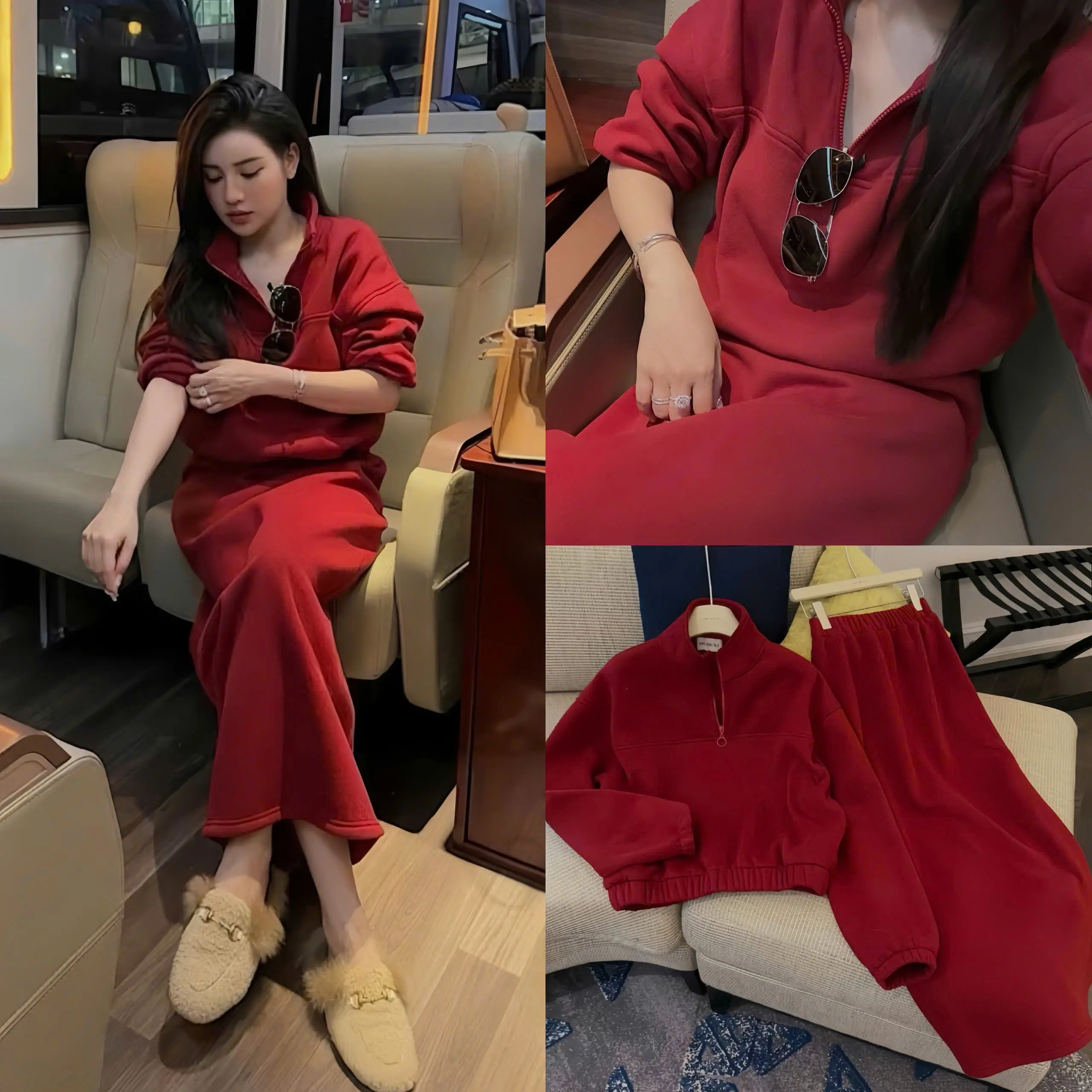 Set Bộ KAB Áo Dài Tay Cổ Trụ Kéo Khoá Fom Dáng Lửng Phối Chân Váy Dáng Dài Xẻ Sau Chất Nỉ Bông Ms125