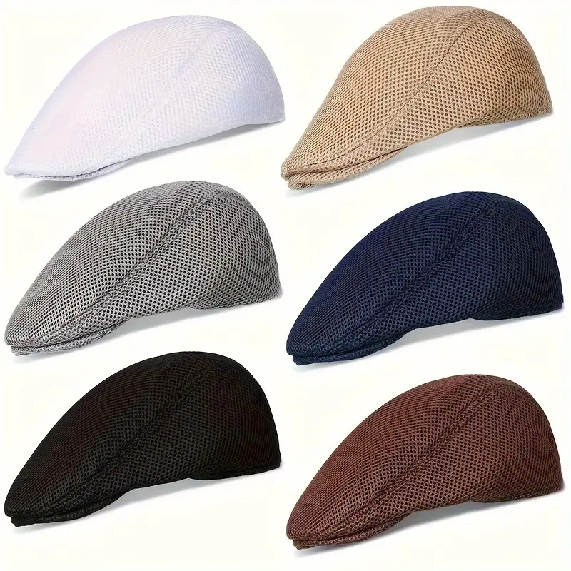 6-Pack Men'S Breathable Mesh Flat Top Caps, Summer Newsboy Taxi Driver Hat, Polyester 100% with PVC Coating, Fantasy Charm Style, Hand Wash Only