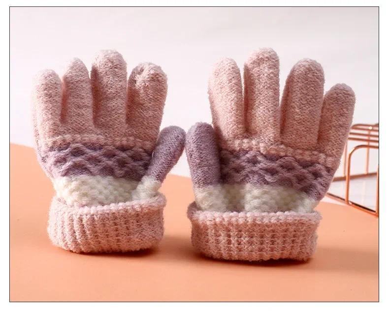 Product Introduction of 1Pair Winter Warm Cotton Baby Gloves Cute Kawaii Children Striped Split-finger Kindergarten for Boys Girls Kids Knitted Gloves 17