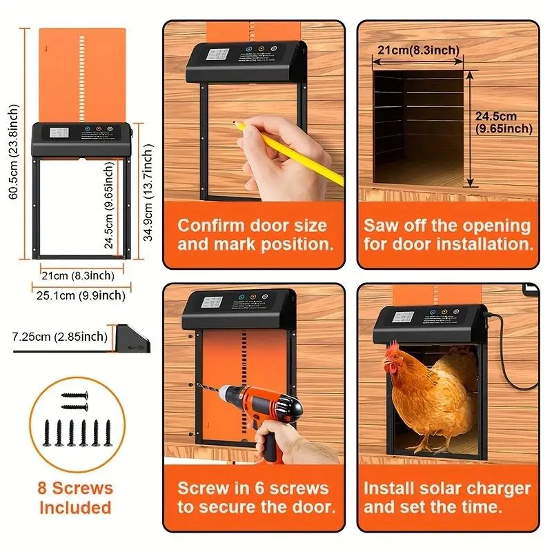 Solar Powered Automatic Chicken Coop Door, Chicken Coop Door with Timer Remote Control, Anti-pinch Design Poultry & Small Animal Safety Door 3