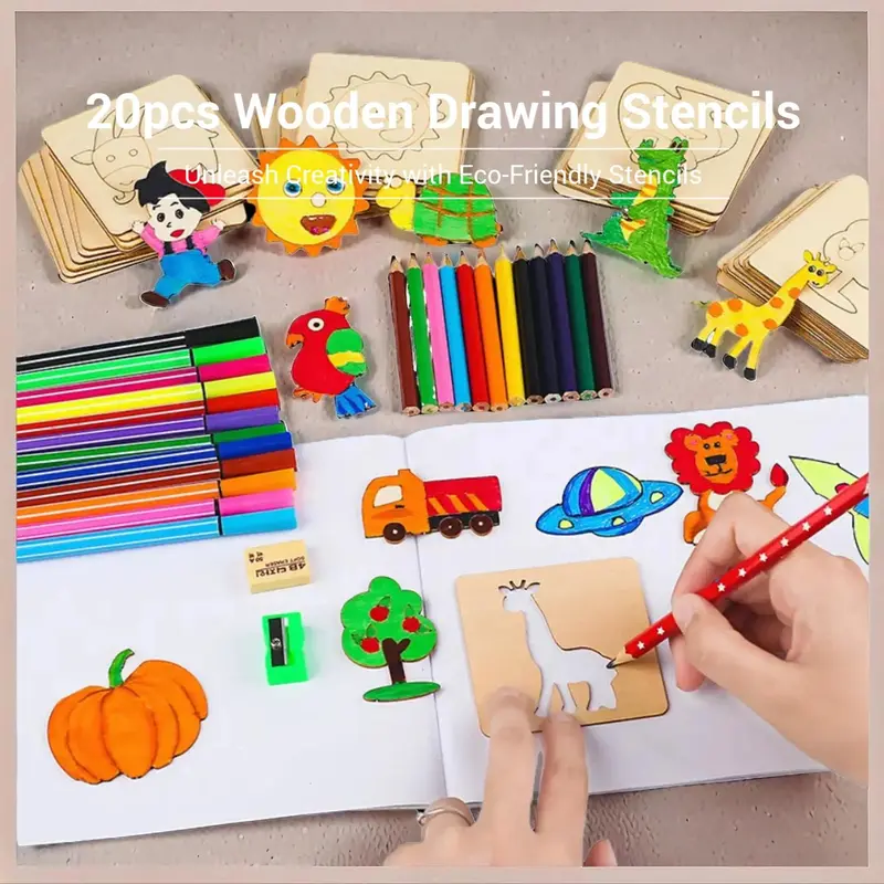 Random Style Wooden Drawing Stencils, 20pcs/set DIY Painting Template Stencils, Art Supplies for Students Drawing Handmade Craft, Educational Material, DIY Craft Kit 1