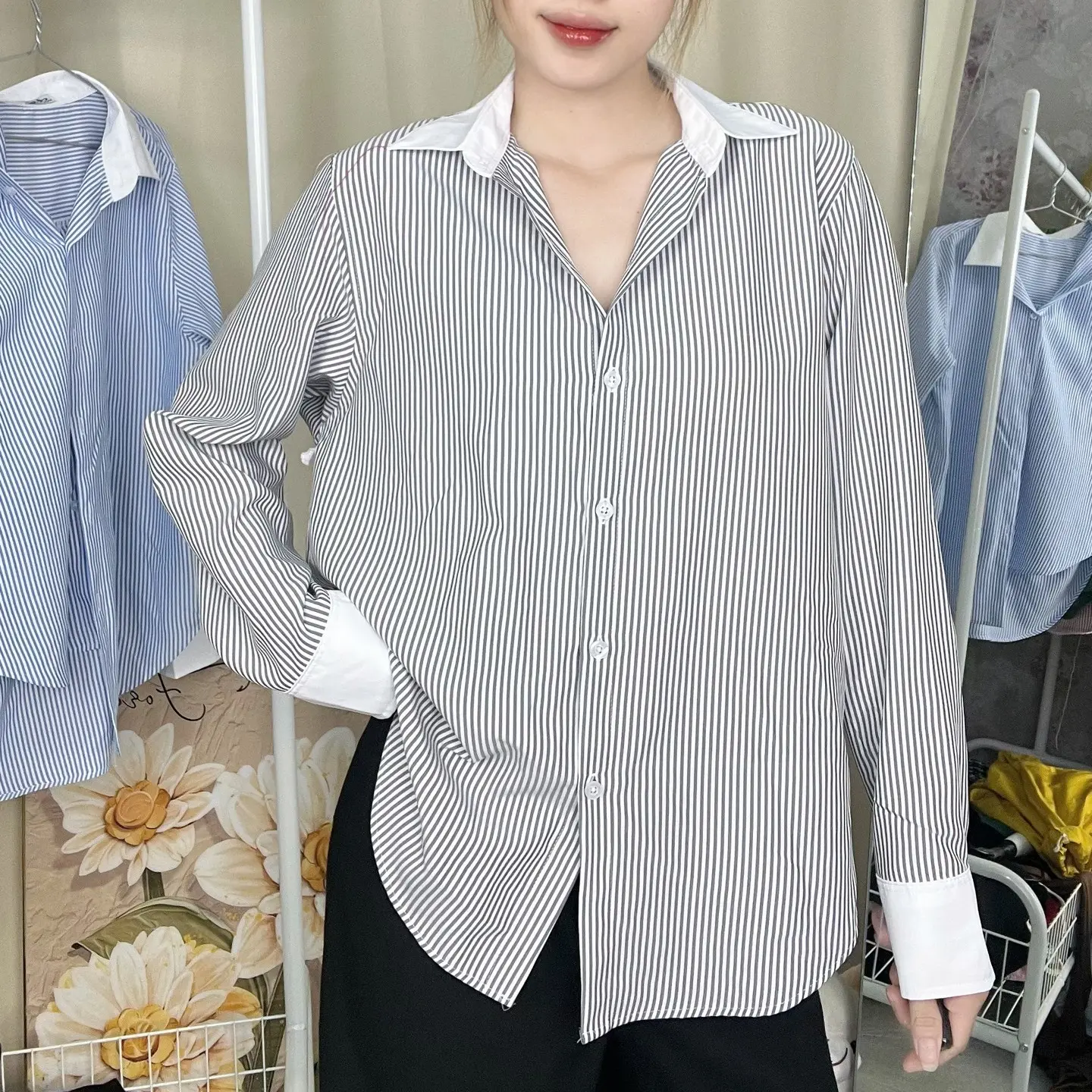 Áo Sơ Mi Nữ Tay Dài Dáng Rộng Giấu Quần Chất Kate Phối, AMI27