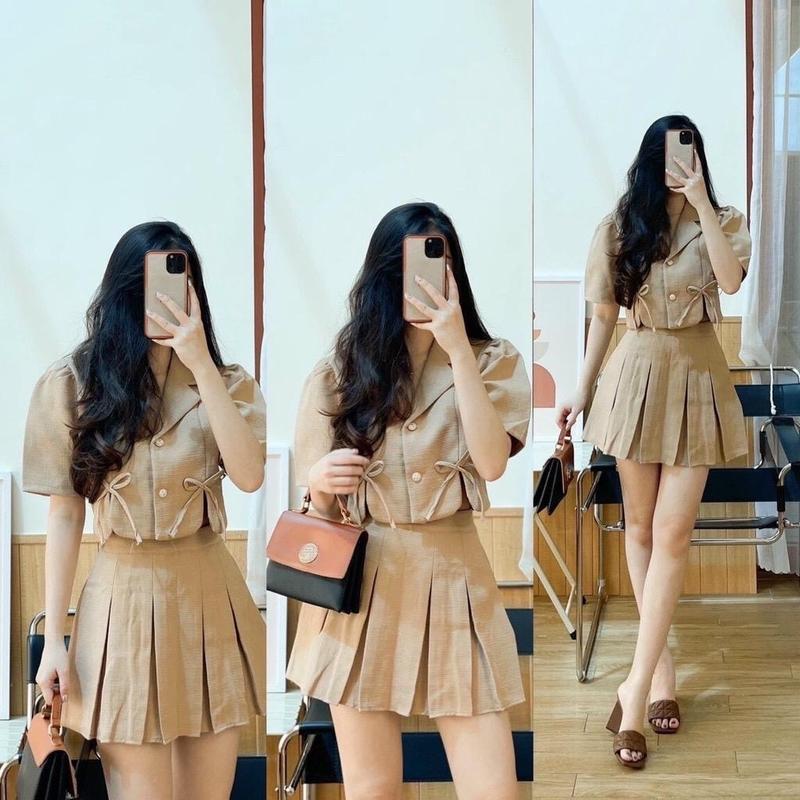 Set áo vest crotop kèm chân váy xếp ly dilyshop - S10