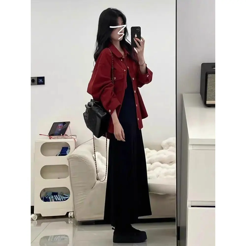 Spring with a complete set of fashion high-end temperament denim jacket black vest suspender dress two-piece set