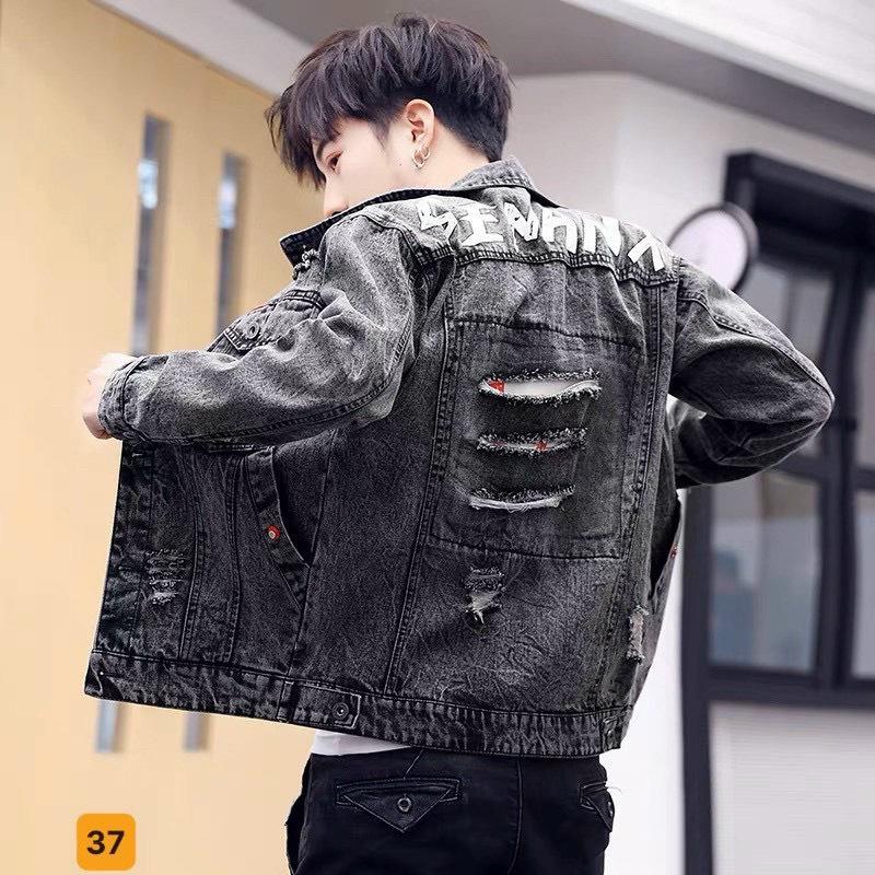 (có video thật) Áo khoác jean nam xám đen rách sau lưng - chất vải denim dày dặn - Diễm Nhi Shop B16 Menswear Jacket