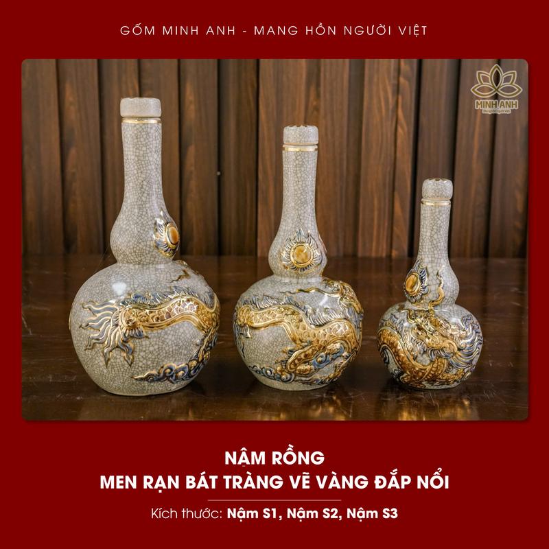  Nậm thờ cúng gia tiên men Rạn Bát Tràng vẽ vàng trang trí trên bàn thờ gia tiên decor phòng trang trí nhà đồ thờ thịnh vượng 