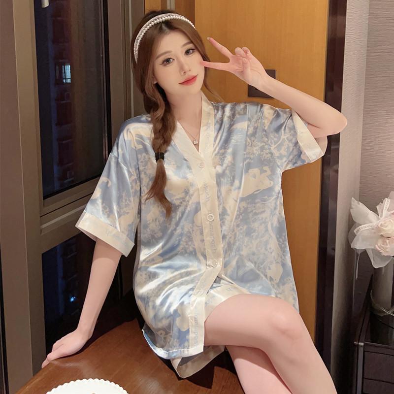 Ink Painting Ins Style Summer Women's Light Luxury Short Sleeve Loose High-end Feel Wearable Ice Silk Pajamas Loungewear Set 3