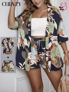 CURVZY Plus Size All Over Print Shirt & Drawstring Waist Shorts, Casual Half Sleeve Top & Shorts, Women's Summer for Daily Wear
