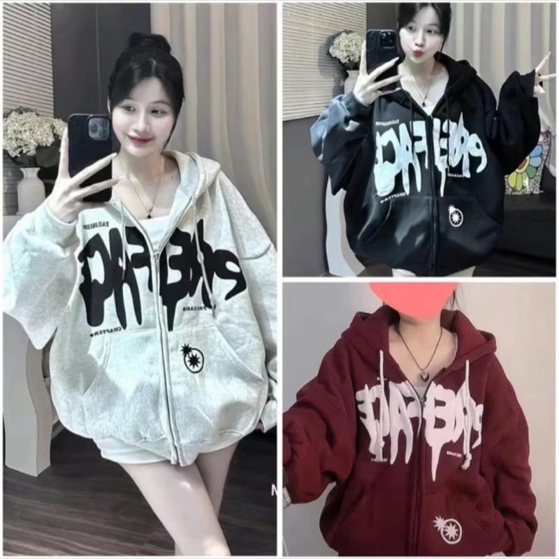 Áo nỉ hoodie form rộng tay bồng phối vai Nữ Top Women in 2 mặt - Chữ Chảy