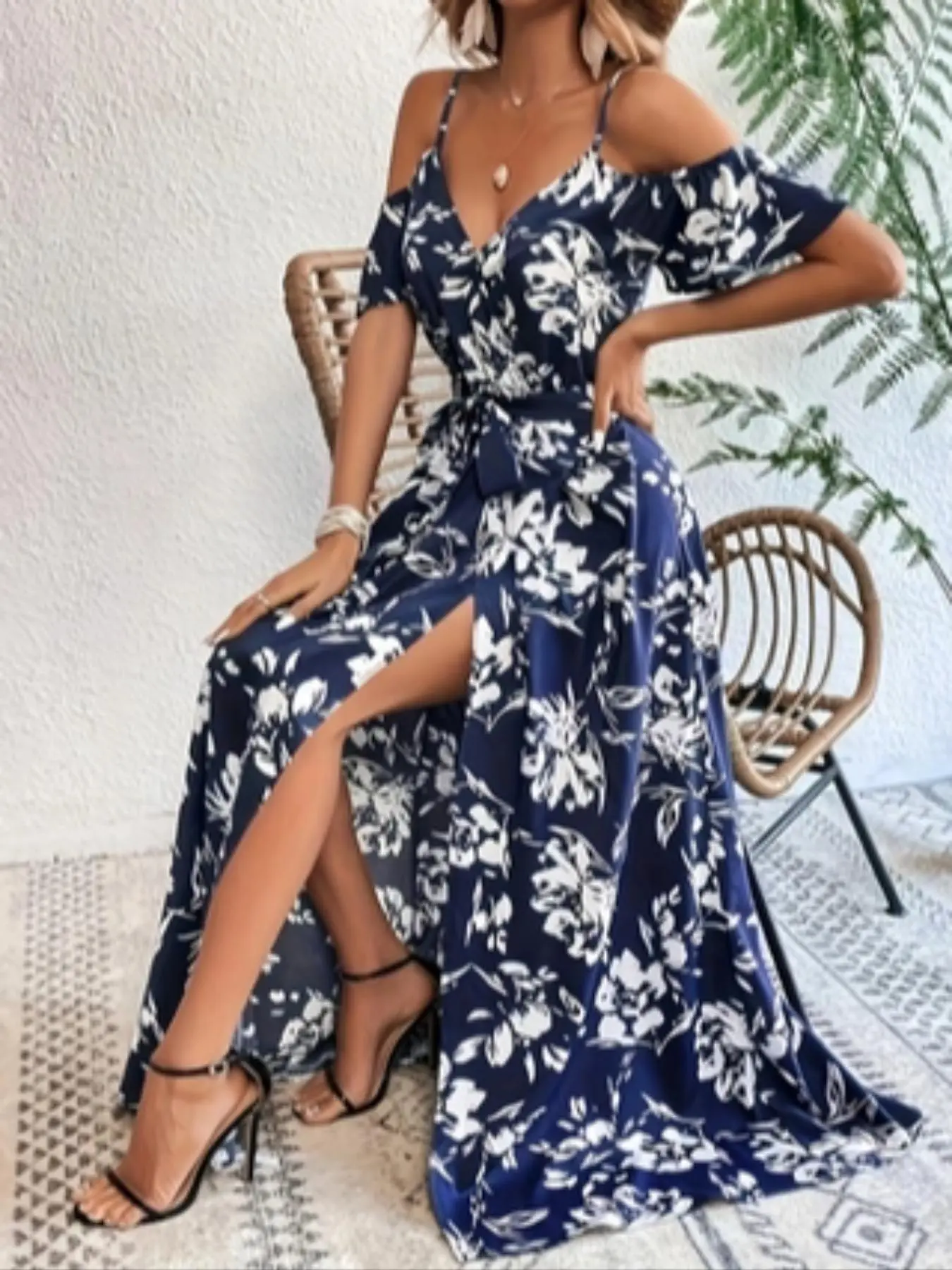 Women's Floral Print Split Thigh Belted Dress, Elegant Fashion Casual Dress for Daily Outdoor Wear, Summer Clothes, Ladies Dress for All Seasons, Tropical Vacation