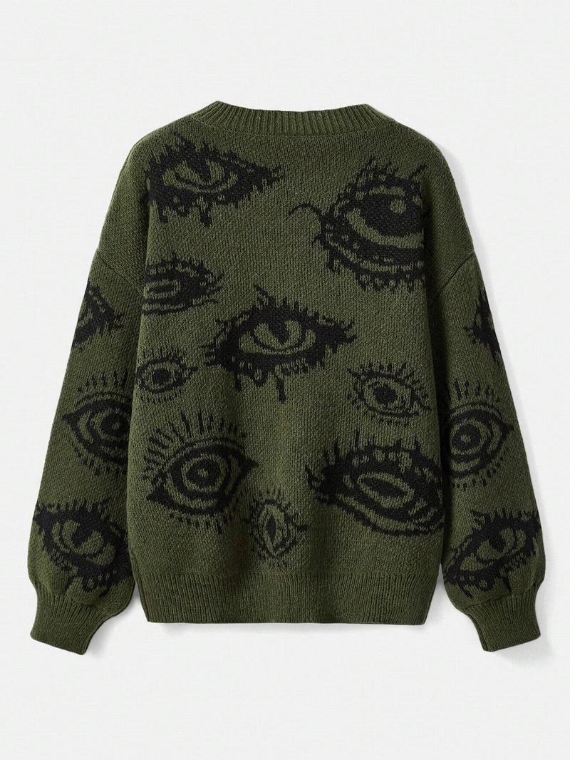 Product Introduction of Men's Eye Print Drop Shoulder Sweater, Loose Casual Long Sleeve Round Neck Jumper for Fall & Winter, Fashion Men's Knitwear for Daily Wear 2