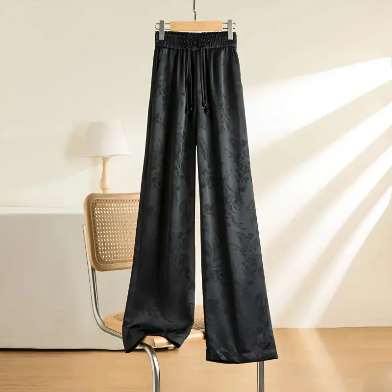 Quần Nữ, Phong Cách Cổ Điển Màu Đen, Cạp Cao Co Giãn, Buộc Dây, Ống Rộng, Dáng Rộng Vừa Vặn, Thời Trang Hàn Quốc, Quần Dài, Dành Cho Nữ, Thích Hợp Cho Mùa Xuân 2024 Women Nhung