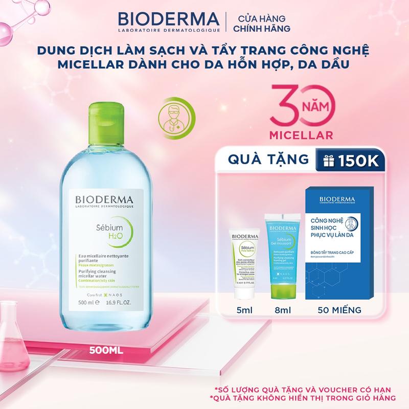 Dung dịch làm sạch và tẩy trang công nghệ Micellar dành cho da hỗn hợp, da dầu Bioderma Sebium H2O 500ml Mỹ Phẩm