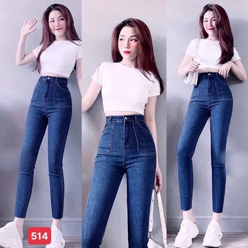 Quần jean nữ lưng cao vừa túi vuông dáng ôm chất co giản dễ mặc - Women's Pants Denim Khuy 0