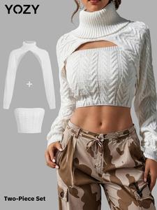 YOZY Women's Plain High Neck Super Crop Sweater & Cable Knit Tube Top Set, Casual Knit Outfits for Spring & Fall, Fashion Women's Knitwear for Daily Wear
