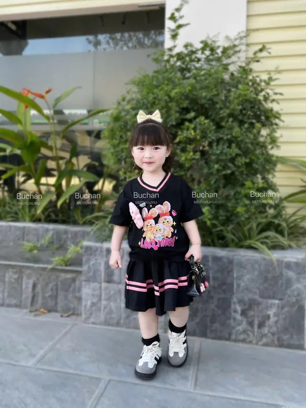 Đồ bộ bé gái áo thun kết hợp chân váy xếp ly hoạ tiết babythree, size nhí+ đại 10-30kg 6