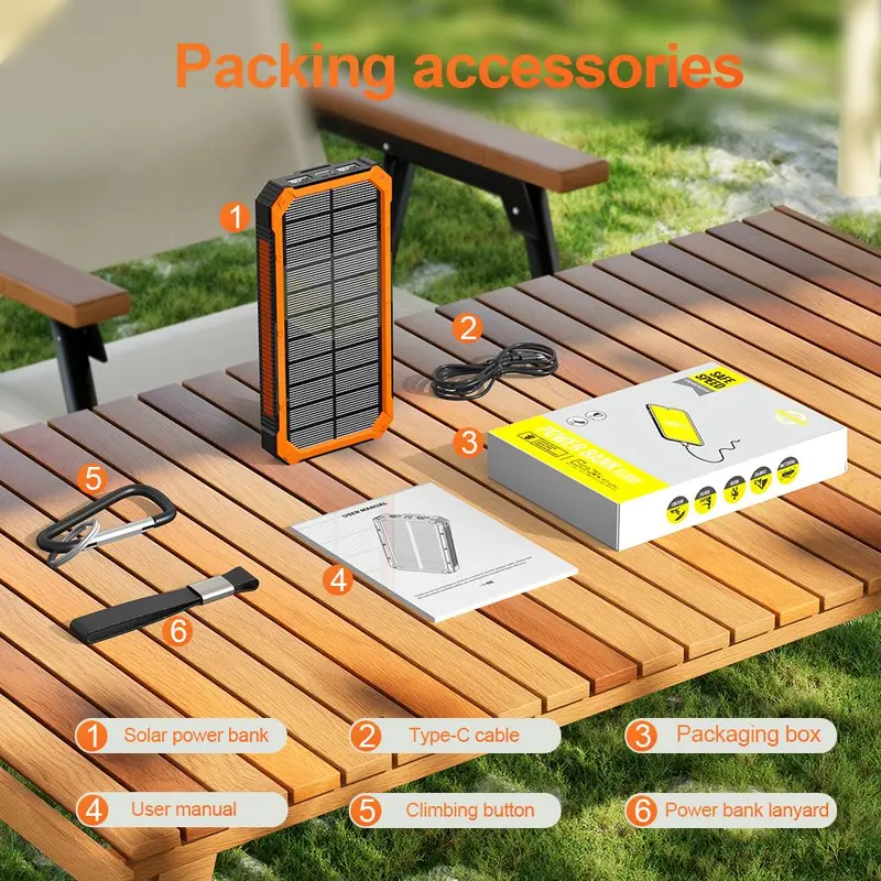 Solar Powered Power Bank, 20000mAh Portable Charger with Flashlight, Built-in Solar Panel and Bright Flashlight, Suitable for Outdoor Camping Party Sports, Valentine's Day Gift 2