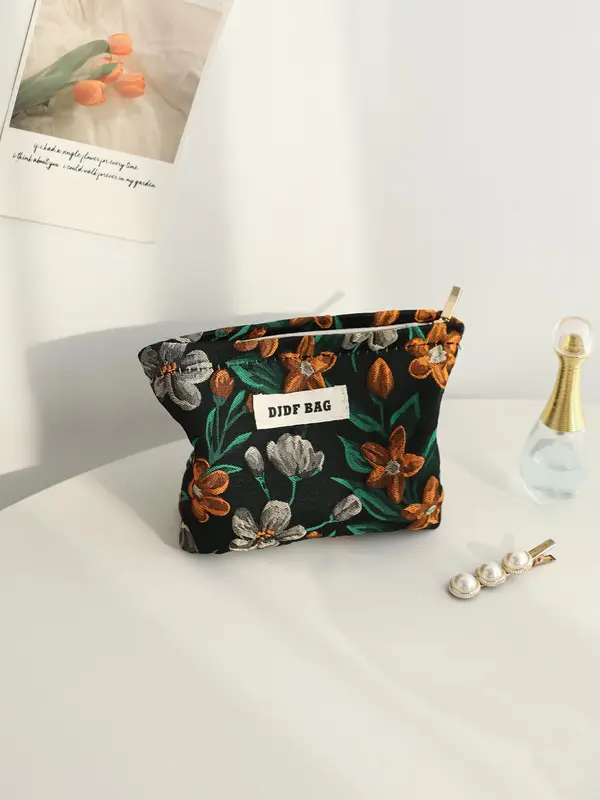 Floral Pattern Patched Design Makeup Bag, Portable Cosmetic Storage Bag, Makeup Organizer Pouch, Versatile Storage Bag for Travel, Outing, Daily Use 2
