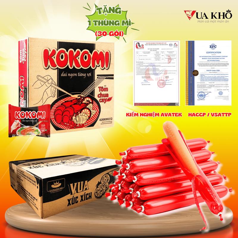 [TẶNG 1 THÙNG MÌ] 1KG Xúc xích (27 cây) TẶNG 01 Thùng mì 3 MIỀN / Kokomi (30 gói). Xúc xích mềm thơm, mì sợi dai dậm đà - Đồ ăn vặt Snack, Food, Chua Cay. mì  trộn mì  gói