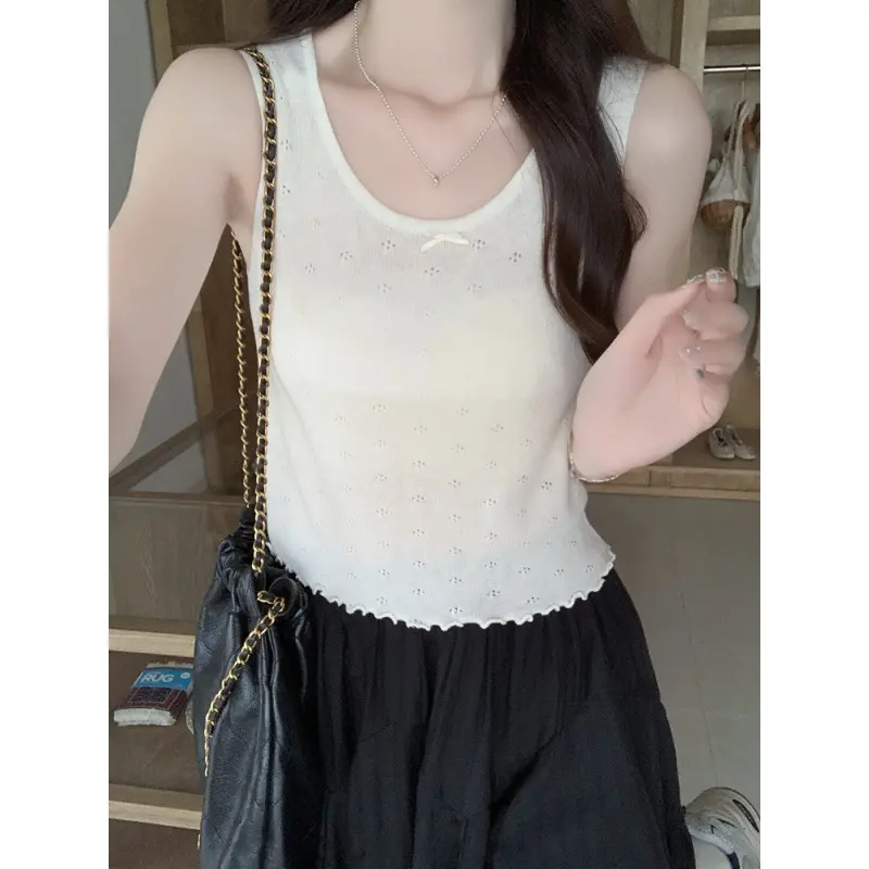 2025 Summer Hollow Knit Camisole for Women with Bowknot, Sleeveless, Short Outerwear, Base Layer, Inner Top