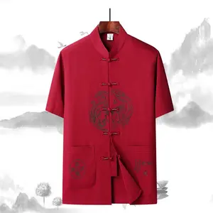 Setelan Tang gaya Cina setelan pria musim panas bagian tipis setelan lengan pendek pria paruh baya dan lanjut usia pakaian kakek pria pernikahan hanbok setelan ayah