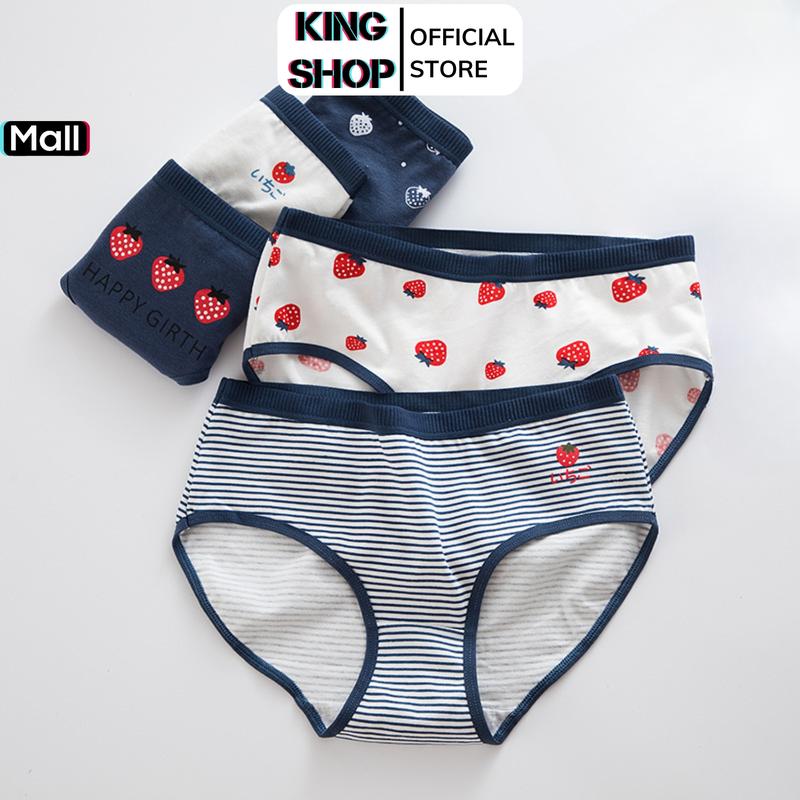 Quần Lót Cotton Thoáng Khí Họa Tiết Dâu Đỏ Màu Chủ Đạo Xanh Trắng , Quần Chip Nữ Co Dãn Mềm Mịn King Shop Women Voi L8021
