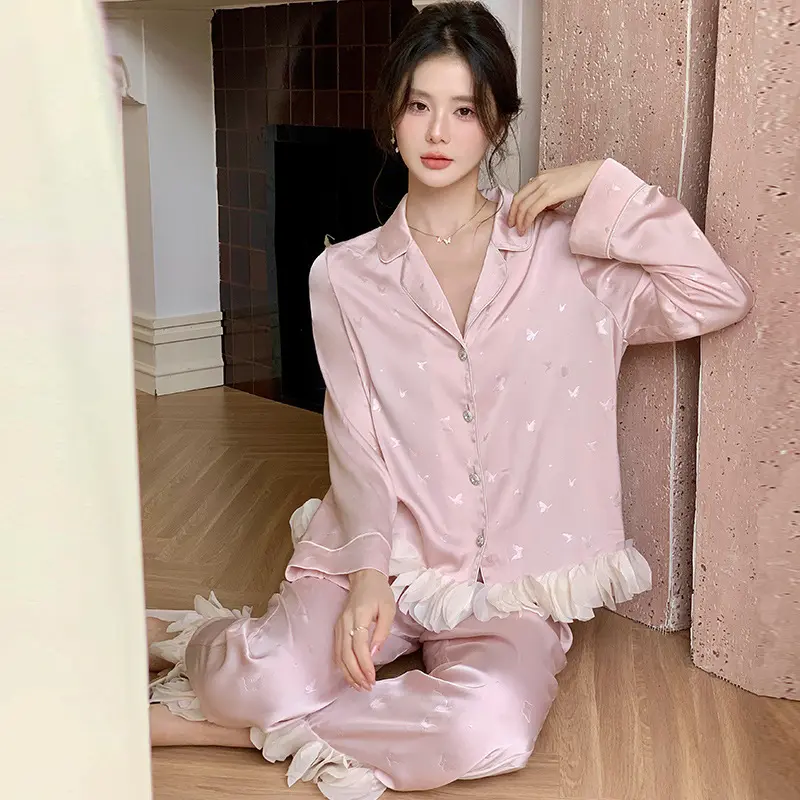 Bộ đồ ngủ Julia lụa cao cấp LyLy Quảng Châu – Thiết kế nữ tính, phối bèo tinh tế 40-57kg cho phụ nữ - Women, Áo Top pijama