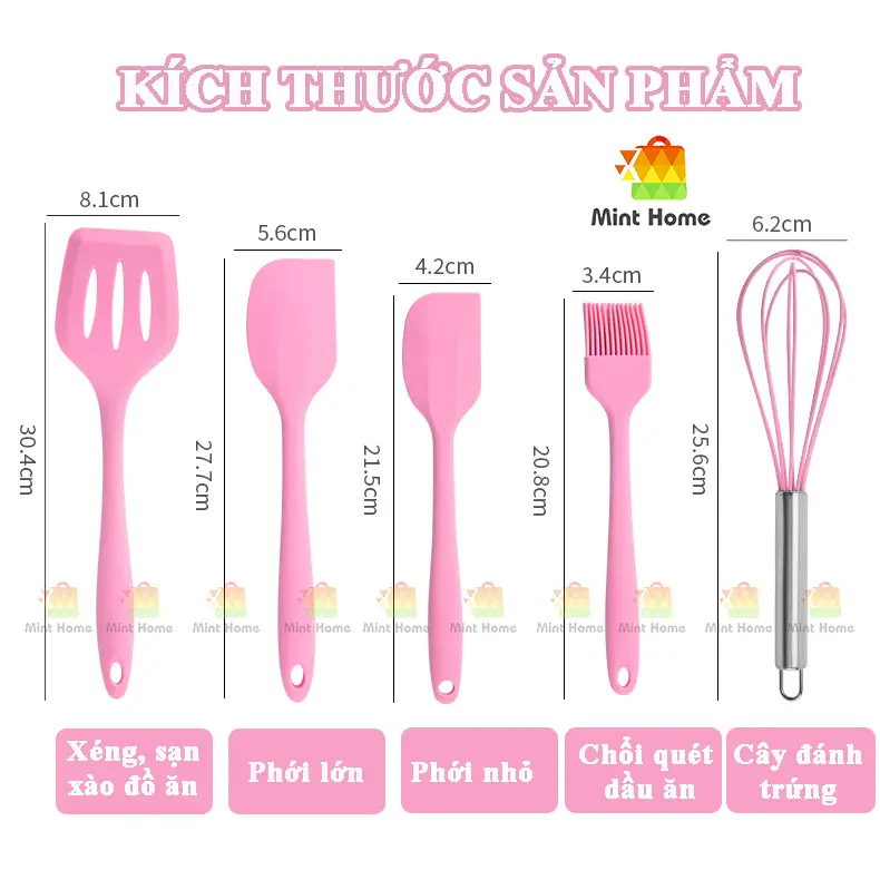 Bộ dụng cụ làm bánh 5 món silicon, nấu ăn, trà sữa, chè gồm chổi, spatula trộn bột, đánh trứng, xẻng silicone chịu nhiệt 1