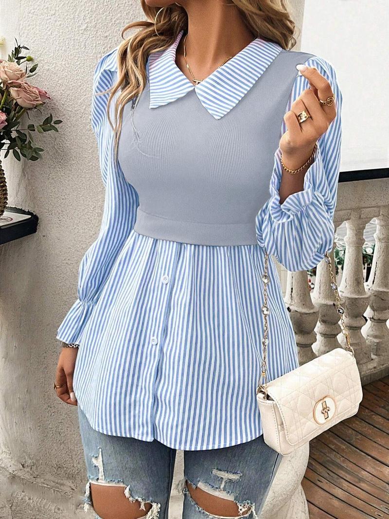Product Introduction of Women's Striped Print Blouse, Elegant Long Sleeve Collared Top for Spring & Fall, Women's Clothing for Daily Wear 3