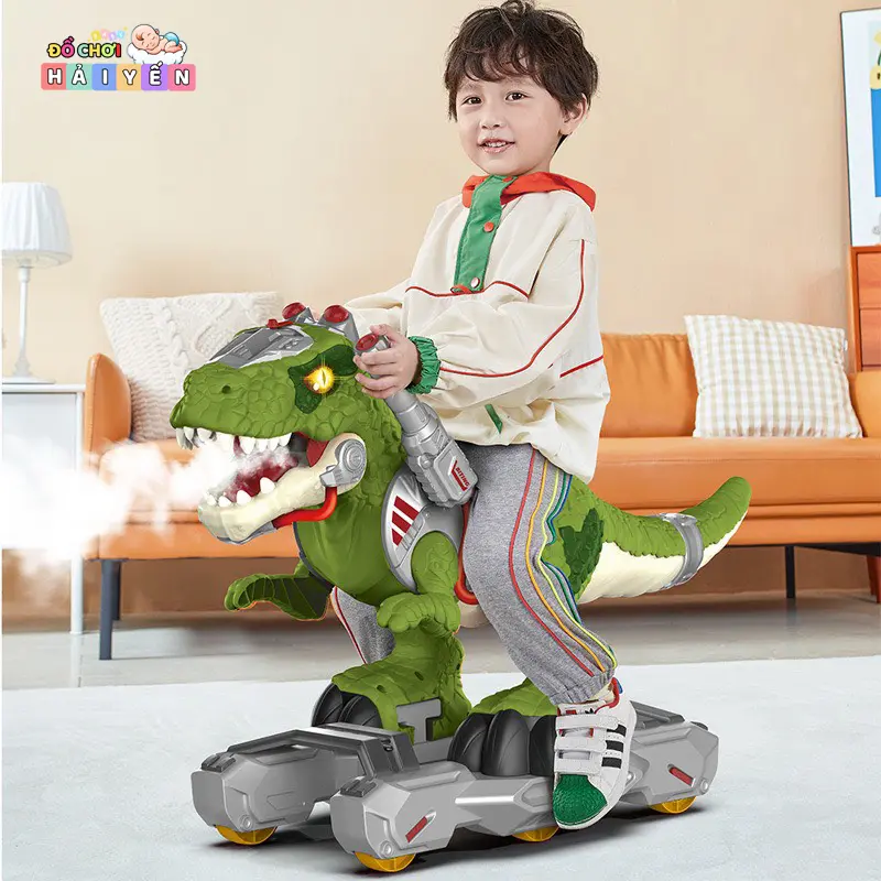 Xe khủng long chòi chân cỡ lớn, có nhạc, đèn, phun khói, xe khủng long cưỡi cho bé