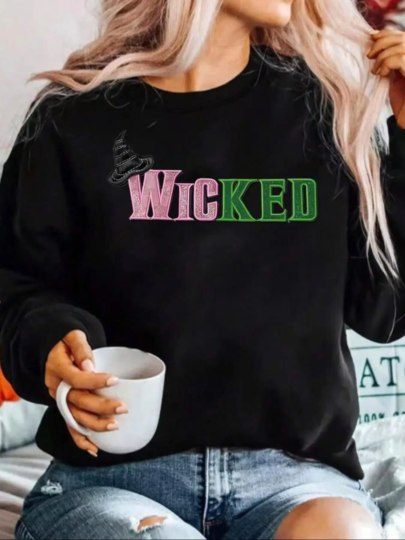 【Plus Size】 Letter Pattern Round Neck Pullover, Casual Long Sleeve Crew Neck Sweatshirt for Fall & Winter, Women's Clothing for Daily Wear