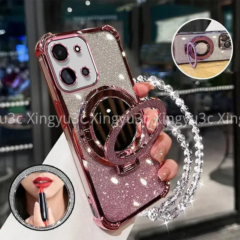 Luxury Sparkling Handphone Case for Vivo Y28 4G Y18 Y03 Y17S Y16 Y15S Y01 Y22 Y22S Y02A Y02T four corners shockproof phone case 3D makeup mirror holder new bracelet soft case
