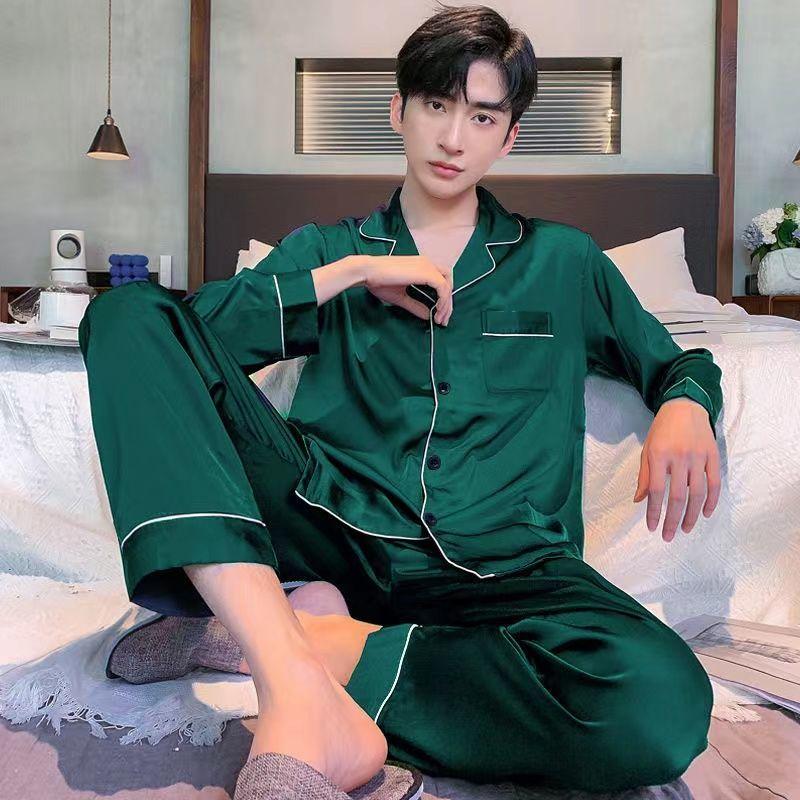 Bộ Đồ Ngủ Nam, Chất Liệu Lụa Lạnh Dài Tay, Mỏng Và Rộng, Ngoại Cỡ, Thích Hợp Cho Mùa Xuân Và Mùa Thu, Mặc Nhà, Bộ Đồ Lụa Thường Ngày Mùa Hè, Có Sẵn Cho Mùa Thu Và Mùa Đông Áo Menswear Nhung 8