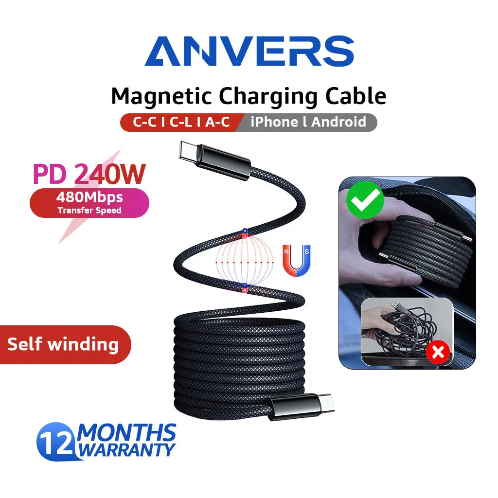 Anvers 240W PD3.1 Fast Charging Magnetic Cable, Type-C/USB-A to L/USB-C, Self-Winding, for iPhone/Android